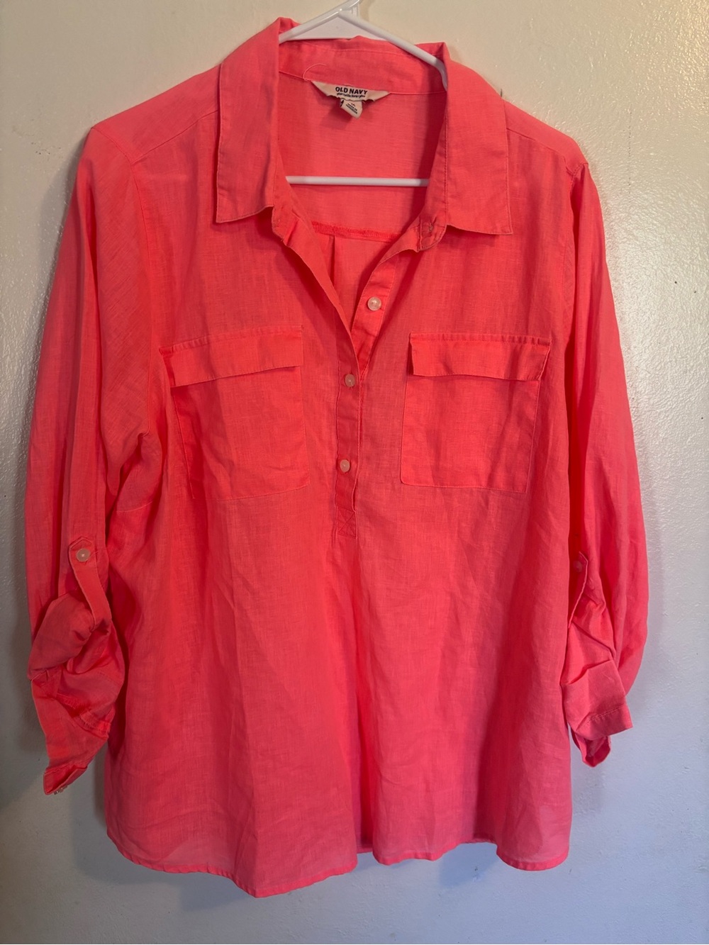 Old Navy Coral-Pink Roll-Tab Button Front Shirt